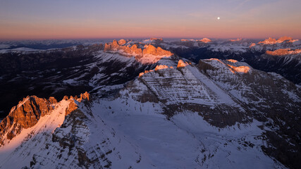 sunrise in the snow dolomites