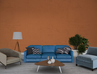 Living room with blue sofa front of the orange wall