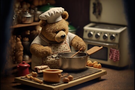  a teddy bear is cooking in a kitchen with a pan and wooden spoons on a tray with other items around it and a stove top with a stove and a pot and a tea kettle.