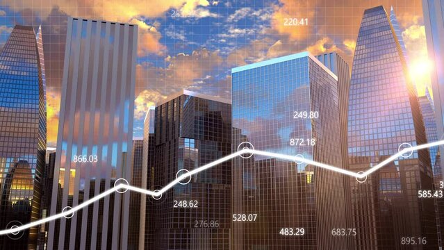 Annual report video presentation with growth chart graph against office buildings in the business downtown. Financial figures on the corporate infographic with securities price and profit analyze.