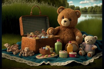 a teddy bear sitting on a blanket with a picnic basket and bottles of juice and condiments on it, and a picnic blanket with a picnic basket and teddy bear sitting on the grass.