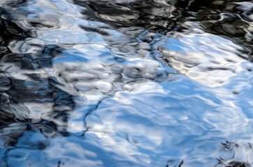 Beautiful abstract watercolor natural background of rippled water surface with distorted vegetation, fluffy clouds and blue sky reflections. Copy space for​ graphic​ design of posters or banners