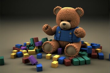 a teddy bear sitting on top of a pile of blocks and cubes in front of it's face and a black background behind it is a brown teddy bear with a blue shirt.