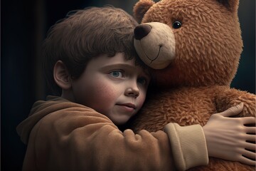  a boy hugging a teddy bear with his arms around him, with a serious look on his face and eyes, in a dark background, with a black background, a black background,.