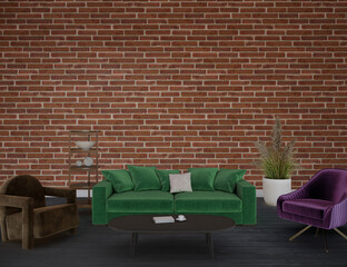 Room with sofa with red brick wall, 3d render