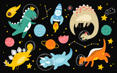 Cute dinosaurs in space hand drawn vector color characters set. Sketch dino astronauts, planets, stars. Jurassic reptiles doodle drawing. Isolated scandinavian cartoon kids book, textile illustration