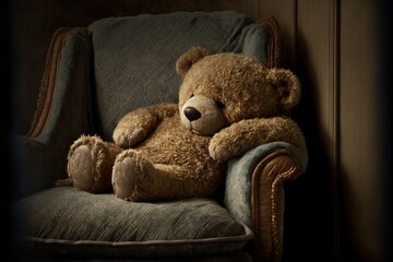  a teddy bear sitting in a chair with a pillow on it's back and feet propped up against the armrests of the chair, with a dark background of a wood paneled wall.