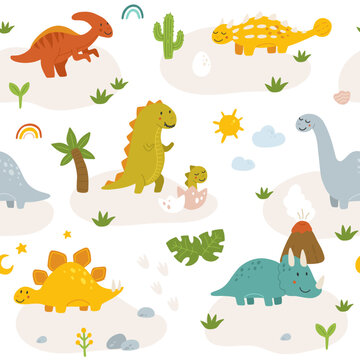 Vector seamless pattern with cute baby dinosaurs. Hand drawn brontosaurus, tyrannosaurus, pterodactyl, triceratops, stegosaurus. Set of flat cartoon vector illustrations isolated on white background
