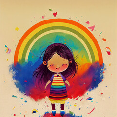 Little girl with colorful dress in front of a rainbow