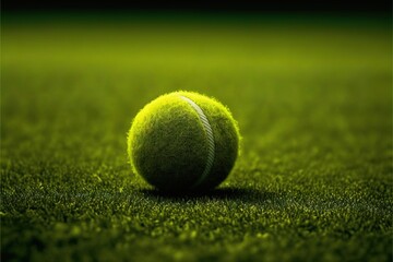  a tennis ball on a green grass court with a black background and a white line in the middle of the ball is a tennis ball on the grass field with a black line and white line.