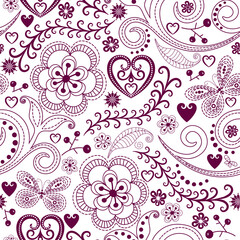 Vector monochrome purple pattern with hearts, flowers and butterflies on a transparent background