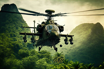 Fototapeta na wymiar Helicopter gunship rains down missile and machine gun fire. Action scene. Made with Generative AI.