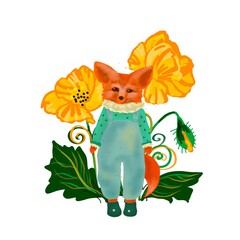 cute red fox in overalls on a background of yellow flowers
