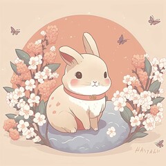 Chinese new year illustration of rabbit with cherryblossoms to celebrate year of the rabbit made with Generative AI