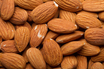 Close up on almonds resting on a flat background.