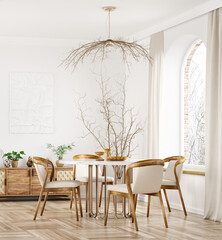 Interior design of modern dining room or living room, marble table and wooden chairs. Wooden sideboard over white wall. Home interior with arch window. 3d rendering