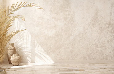 Empty room interior background, beige stucco wall, vases and palm leaf,  3d rendering
