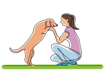 continuous line drawing happy pet lover with dog colored - PNG image with transparent background