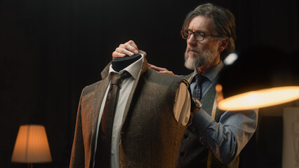 Male mature tailor works on elegant business or wedding suit. Mannequin with tailored shirt, tie...
