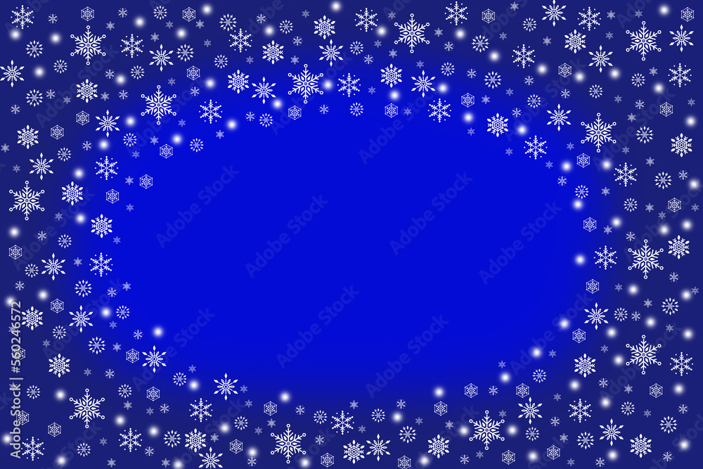 Wall mural winter nature snowfall background with central copy space. blue snow blurred abstract snowflake text
