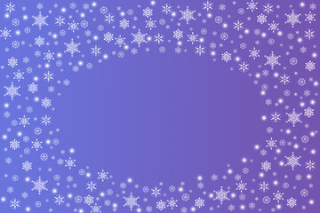 Winter nature snowfall background with central copy space. blue snow blurred abstract snowflake texture Abstract white powder snow cloud border on dark surface. Design of picture frame for websites