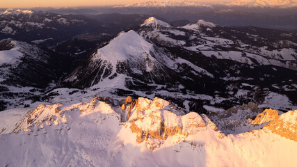 sunrise in the snow dolomites