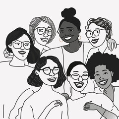 A dynamic, multi-ethnic group of young women friends. A symbol of friendship and diversity. Ideal for personalizing and highlighting strong messages.
