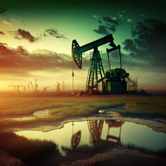 Pumpjack in an oil field during sunset. Generative AI.