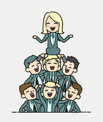 A woman leader and with male colleagues forming a pyramid to illustrate her leadership to achieve success. Shows the power of women in business.