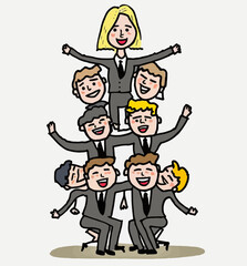 Businesswoman standing atop a pyramid of male colleagues. Illustrating a woman's ability to exercise leadership and guide a company to success.