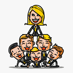 A businesswoman occupies the top of a pyramid of her male colleagues. Her natural leadership and power to achieve success are represented.