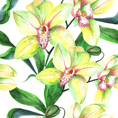 Obraz na płótnie Canvas Watercolor orchids in a seamless pattern. Can be used as fabric, wallpaper, wrap.