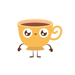 Cute coffee characters. Take glasses, mugs and beans with hot drink. Stickers on white background