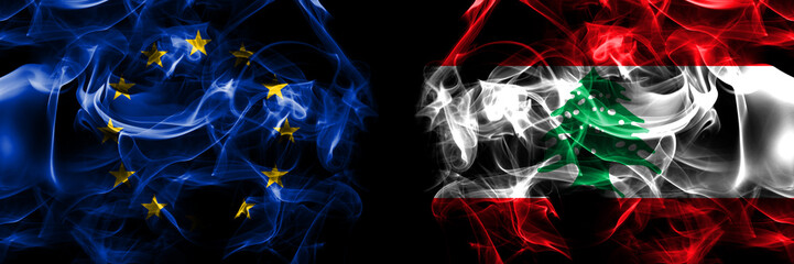 Flags of EU, European Union vs Lebanon, Lebanese