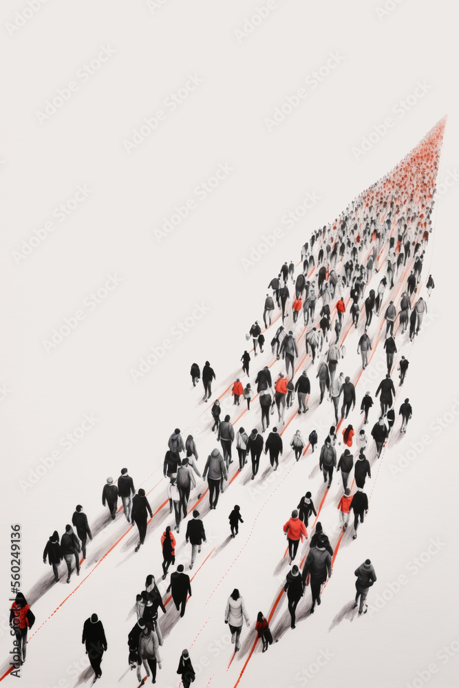 Poster Crowd illustration, large group of people walking on white space, top view, Generative AI