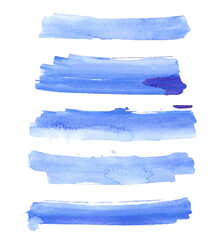 Blue grunge brush strokes lines, set watercolor on paper, isolated on white background, photo, clipping path