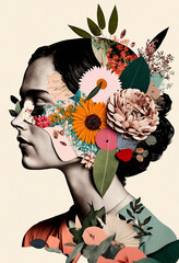 Portrait of a woman with lots of flowers. Abstract trendy art paper collage design. Generative ai - obrazy, fototapety, plakaty