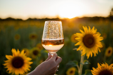 Portrait of beautiful young woman 33 years old in hat in sunflower field at sunset holds glass of white wine in her hand. Happy model in white dress on a summer evening in nature. Warm. - Powered by Adobe