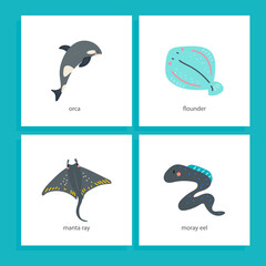 set of undersea animals flat vector, flounder, manta ray, moray eel, orca, 