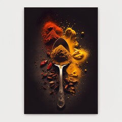 spices india curry, turmeric, coriander, cayenne pepper,spoon,kitchen with black background seasoning food design indian eastern powder different asian spicy