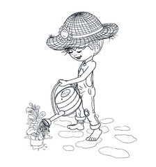 Kleiner Gärtner mit Sonnenhut und Gießkanne steht barfuß im Garten und wässert Pflanzen. Naturverbunden lächelt der kleine Junge und freut sich über die Arbeit. Schwarz weiß Kinder Illustration.