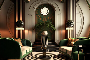 luxury hotel room, art deco interior, fictional interior created with generative ai