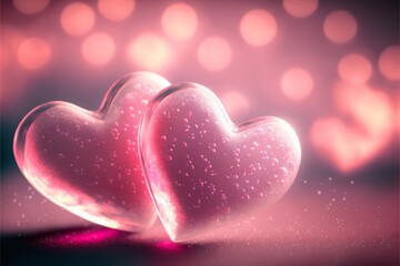 Obraz premium Close up jelly pink hearts on a pink white bokeh lights abstract background 3 - the perfect valentine's day symbol, concept, postcard, banner, glitters, copy text space, pop soft style, generative ai