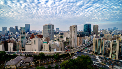 Skyscrapers and highways through Minato, Tokyo, Japan