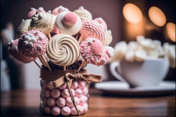 An elegantly arranged bouquet of flowers in a designer vase, made with pastel pink colored sweet candies and marshmallows, still life, valentines day or wedding, generative ai 