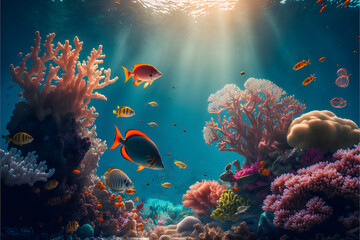 Fototapeta na wymiar A colorful underwater world: a coral reef, Generative AI