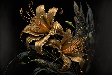 Beautiful exotic black lilies. Luxurious flowers and dark ink patterns. AI