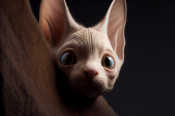Close-up portrait of an adorable hairless sphinx kitten observing intently from behind a tree trunk, Generative AI