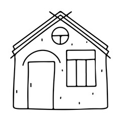 House building in hand drawn doodle style. Vector Icon. Architecture, construction, village, homepage. Coloring book page for kids.