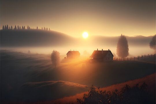 The peace of a misty morning: the countryside, Generative AI